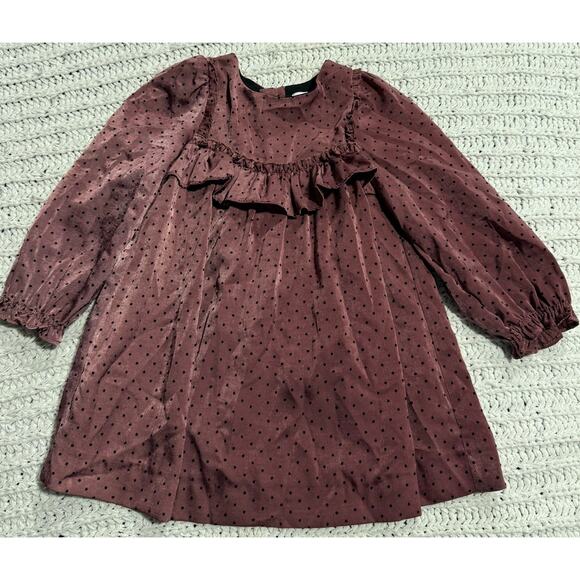 Zara Satin Polka Dot Dress Ruffle Long Sleeve Baby Girl 18-24M Spain Mauve - Picture 1 of 6